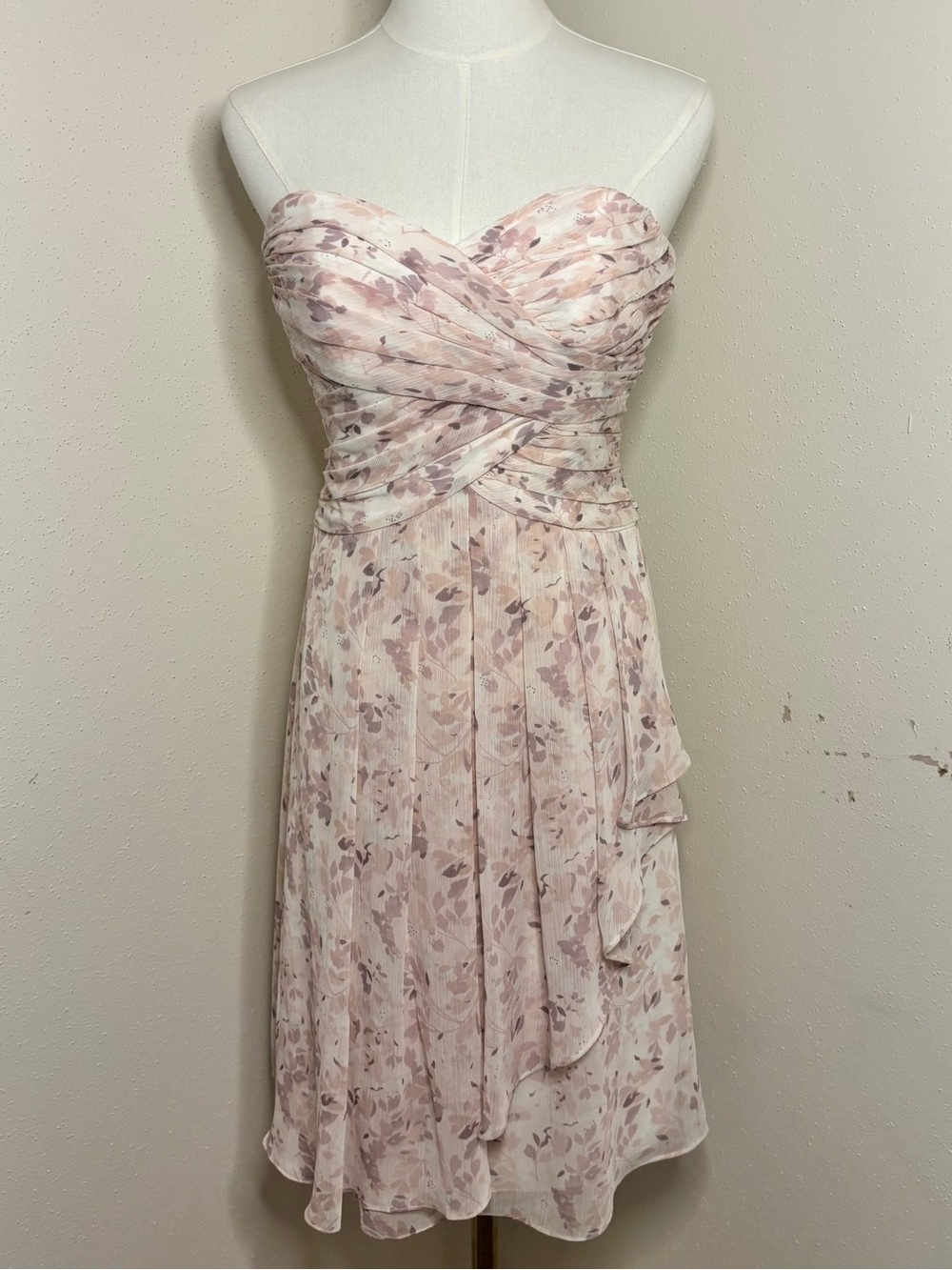 David's Bridal Strapless Blush Floral Chiffon Dress
